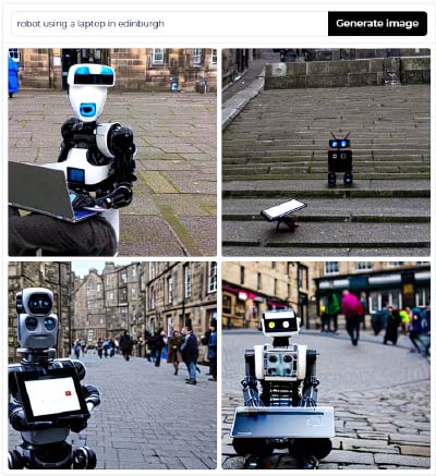 Stable Diffustion Example. Robot using a laptop in Edinburgh